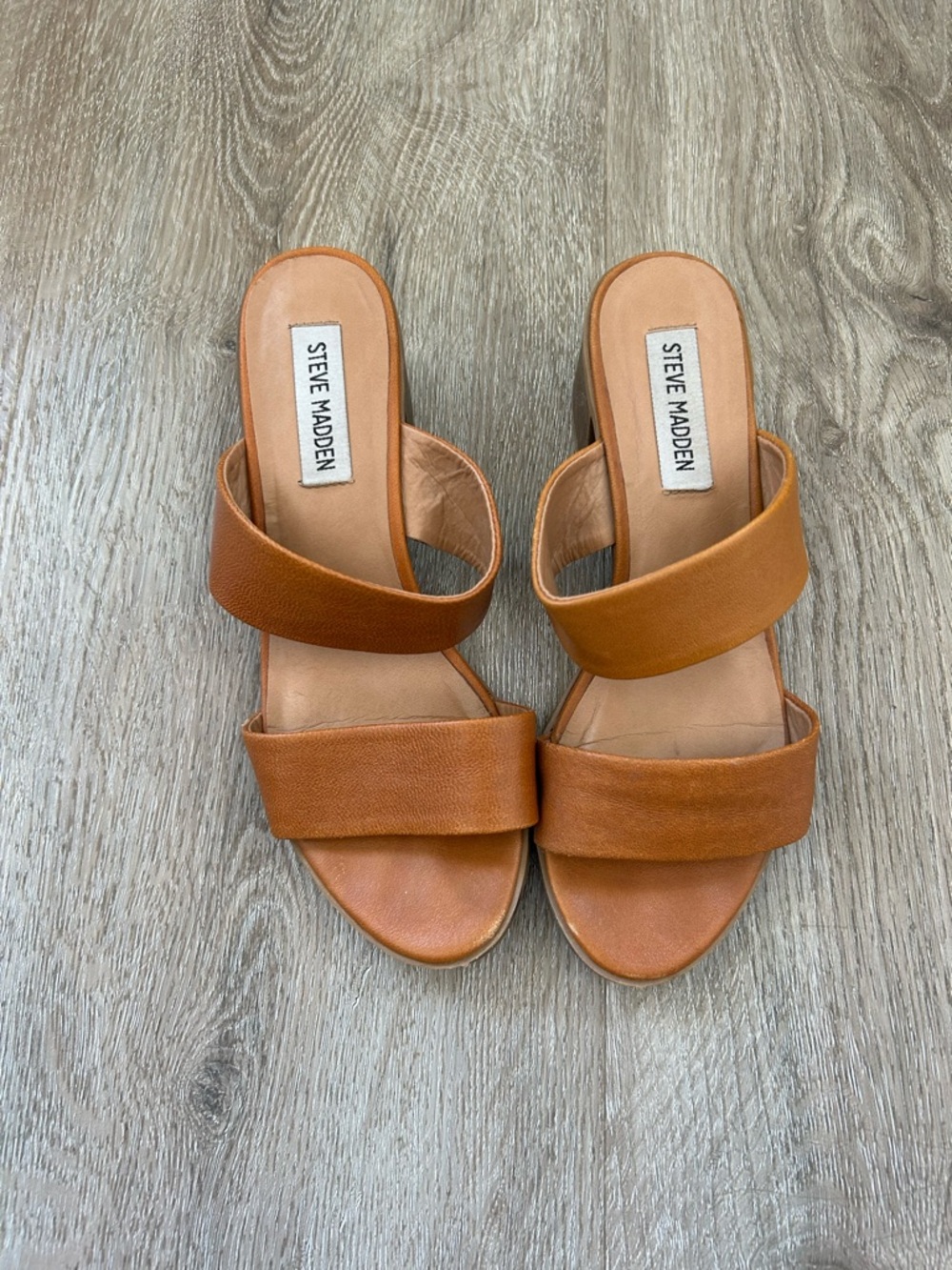 Steve Madden Cognac Double Strap Slide Block Heel Sandal